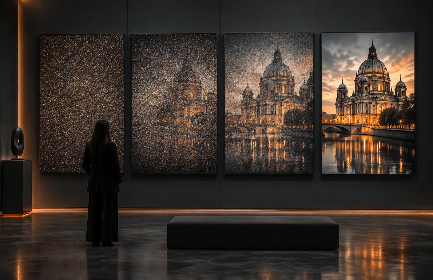 Four-panel visualization showing visual noise gradually resolving into a detailed city building
