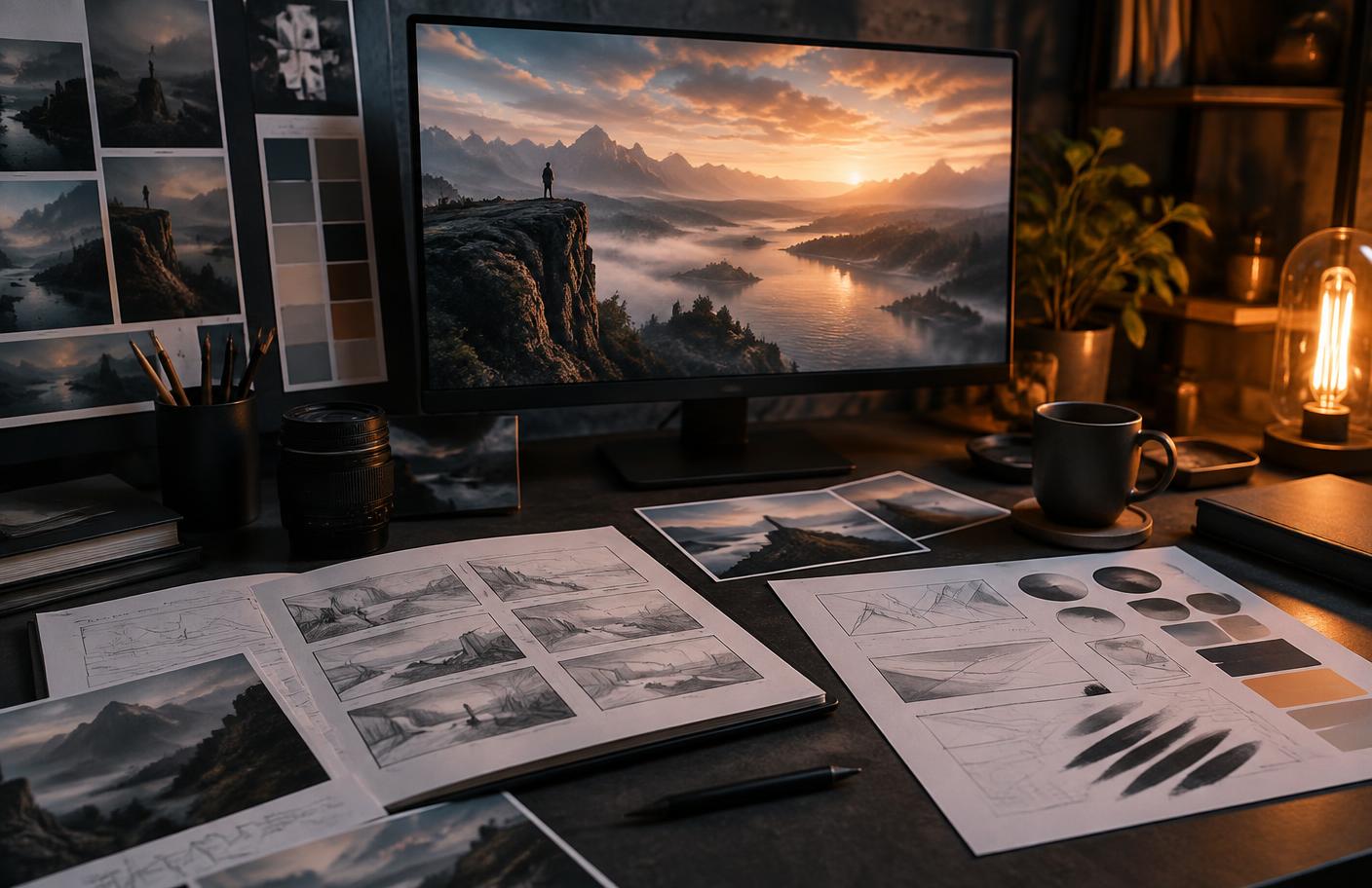 AI image prompt planning desk with storyboard sketches, palette references, and a generated landscape