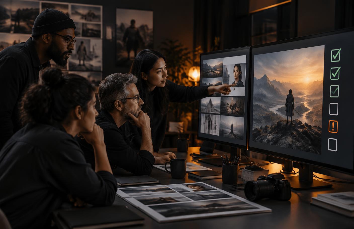 Creative team reviewing generated images for accuracy, consent, and publishing risks