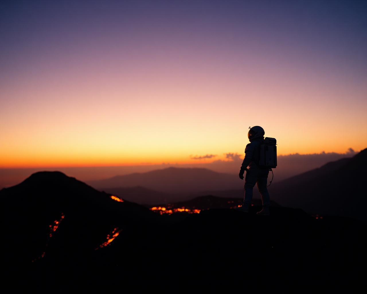 Astronaut on a volcanic ridge, camera push-in animated with Veo Motion